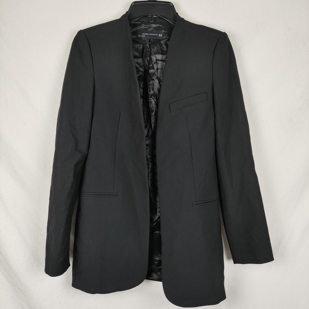 Zara Woman Blazer Womens Small Black Collarless Open Front Twill Lined